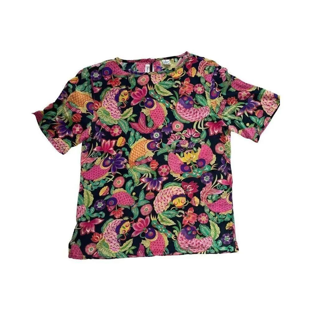 Dana Buchman Vintage 100% Silk Blouse Colorful Print Koi Fish Size 8